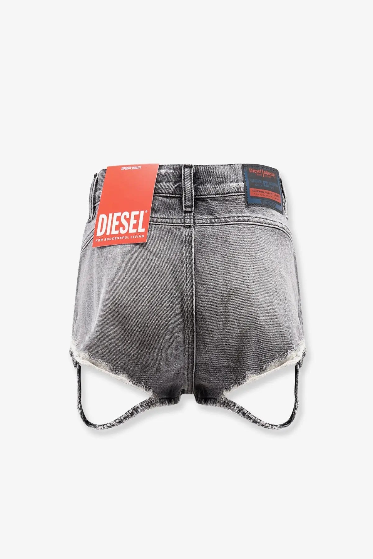 Diesel women’s blue denim shorts in gray distressed denim with frayed hem and black drawstrings front view