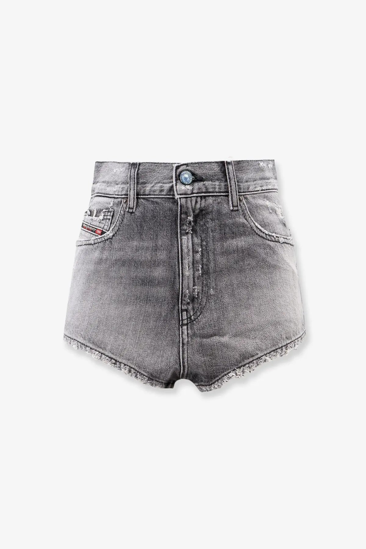 Back view of diesel women’s high-waisted blue denim shorts grey with faded wash, frayed hem, distressed details, and logo patch