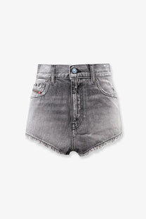 Back view of diesel women’s high-waisted blue denim shorts grey with faded wash, frayed hem, distressed details, and logo patch