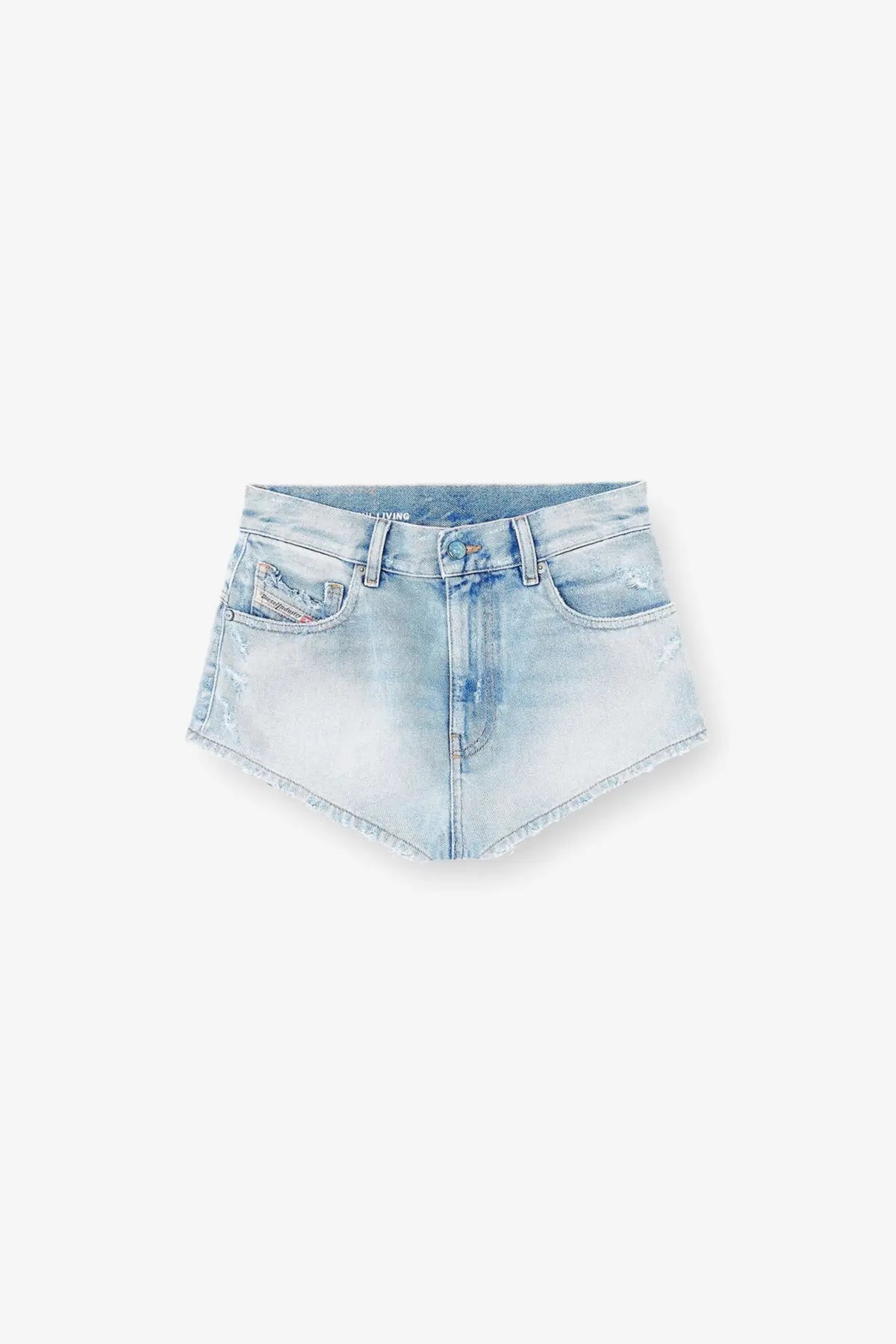 Diesel women’s blue light-wash denim shorts with frayed hem and distressed details in comfortable cotton material