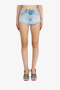 Diesel women’s blue light-wash denim shorts with high waist and frayed hem in blue