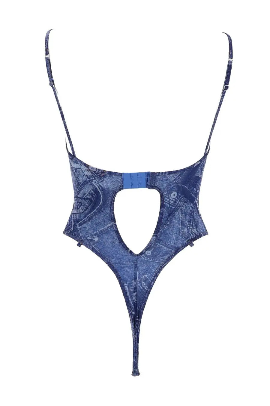 Diesel women’s blue denim-patterned bodysuit with thin straps and a central cutout for stylish wear