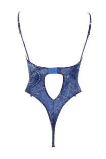 Diesel women’s blue denim-patterned bodysuit with thin straps and a central cutout for stylish wear