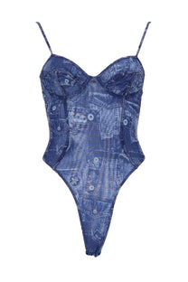 Diesel women’s body blue denim-patterned one-piece swimsuit with thin straps and a corset-style bodice