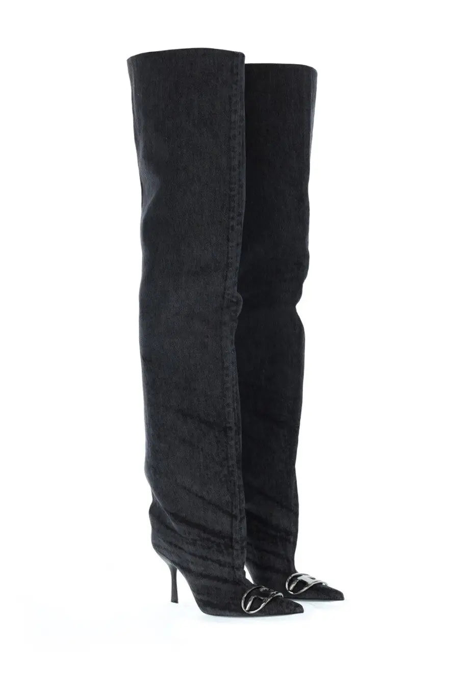 Diesel women’s boot Venus black black suede over-the-knee boots with high stiletto heel and metallic buckle at toe