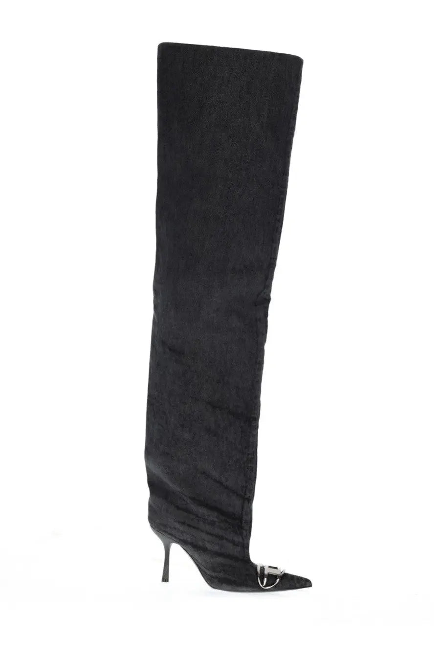 Diesel women’s black suede over-the-knee boot with metallic buckle detail at the toe