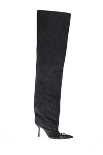 Diesel women’s black suede over-the-knee boot with metallic buckle detail at the toe