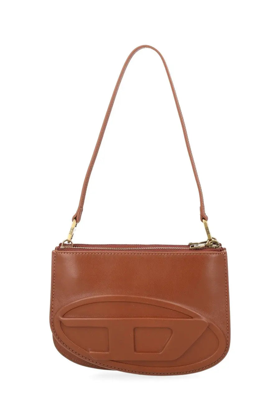 Brown leather crossbody bag with embossed logo on front from Diesel womens borsa 1dr twin beige collection