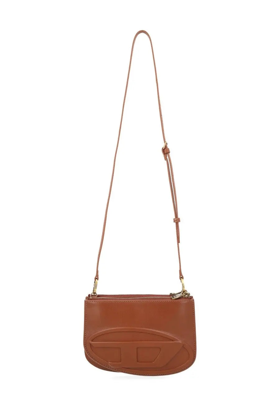 Diesel women’s borsa 1DR twin beige tan leather crossbody bag with a prominent embossed logo on the front