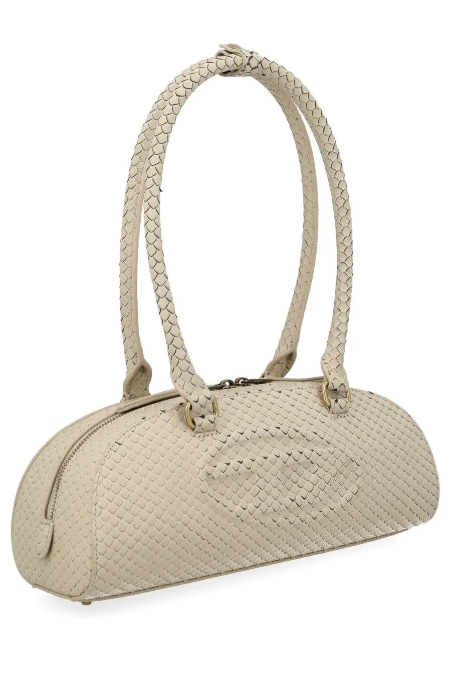 Diesel women’s borsa bowling rettangolare 1dr dome beige beige woven leather handbag with braided handles and textured pattern