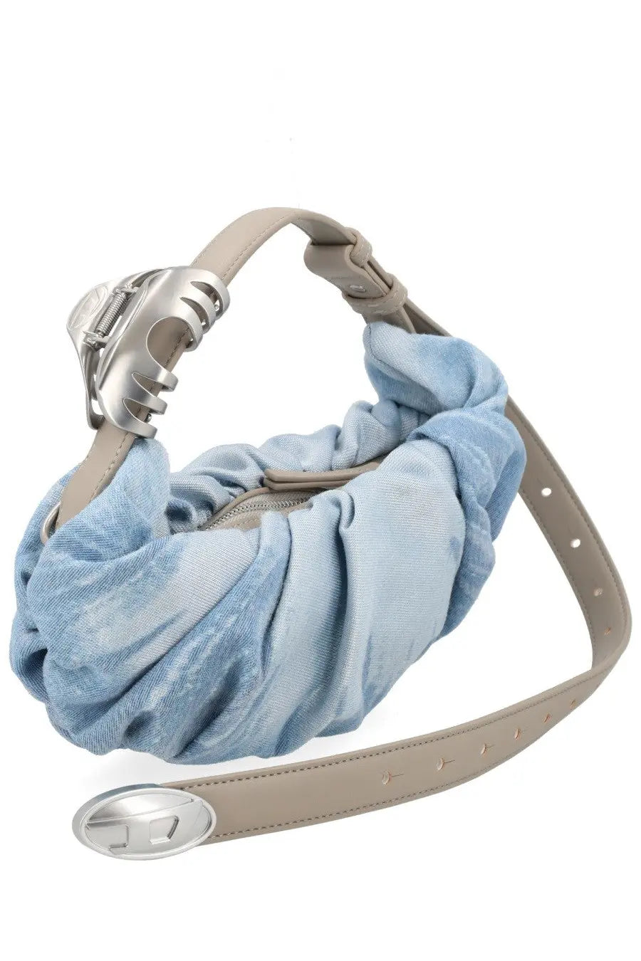 Diesel women’s borsa hobo small arricciata blue light blue ruched fabric crossbody bag with silver clasp and beige leather strap
