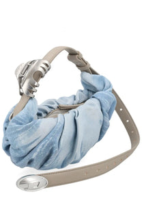 Diesel women’s borsa hobo small arricciata blue light blue ruched fabric crossbody bag with silver clasp and beige leather strap