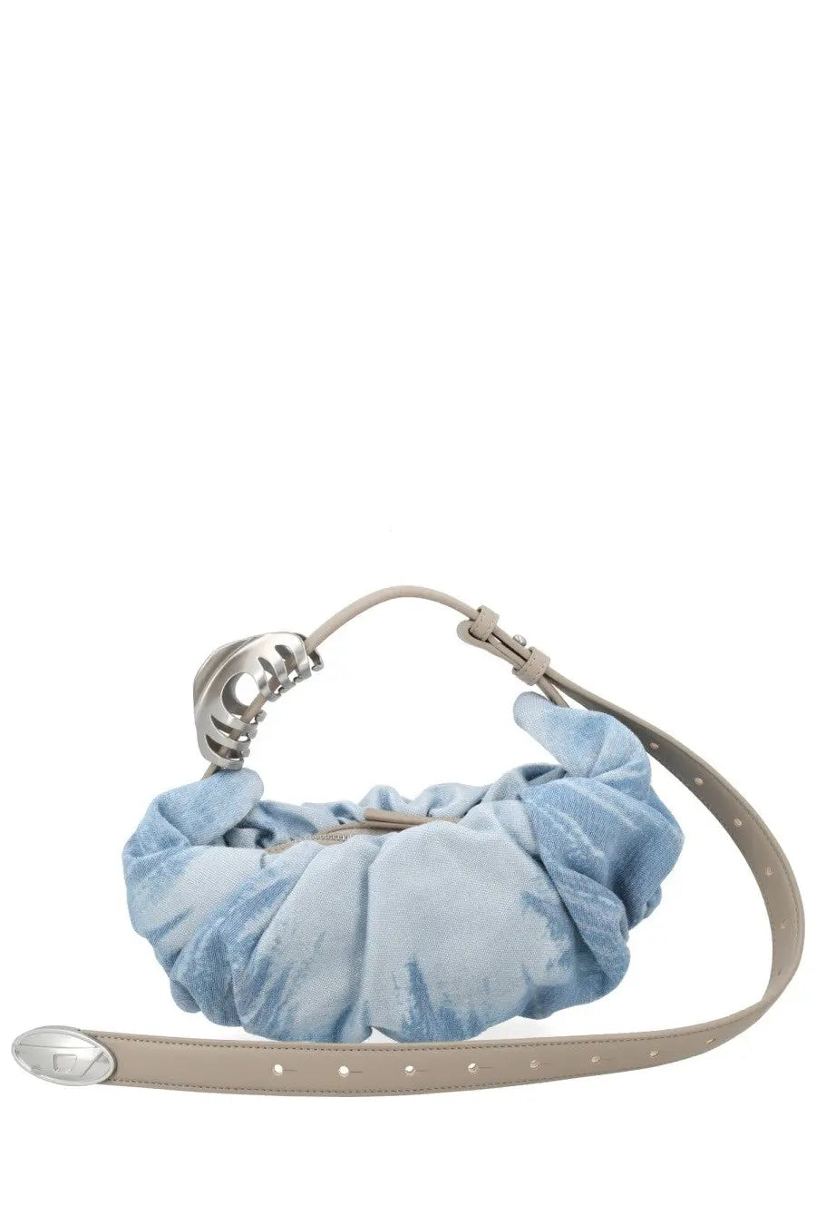 Diesel women’s borsa hobo small arricciata blue light blue tie-dye fabric handbag with silver clasp and beige leather strap