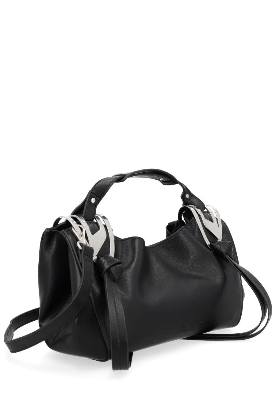 Diesel women’s borsa knot tophandle small black leather hobo bag with silver toned metal hardware accents