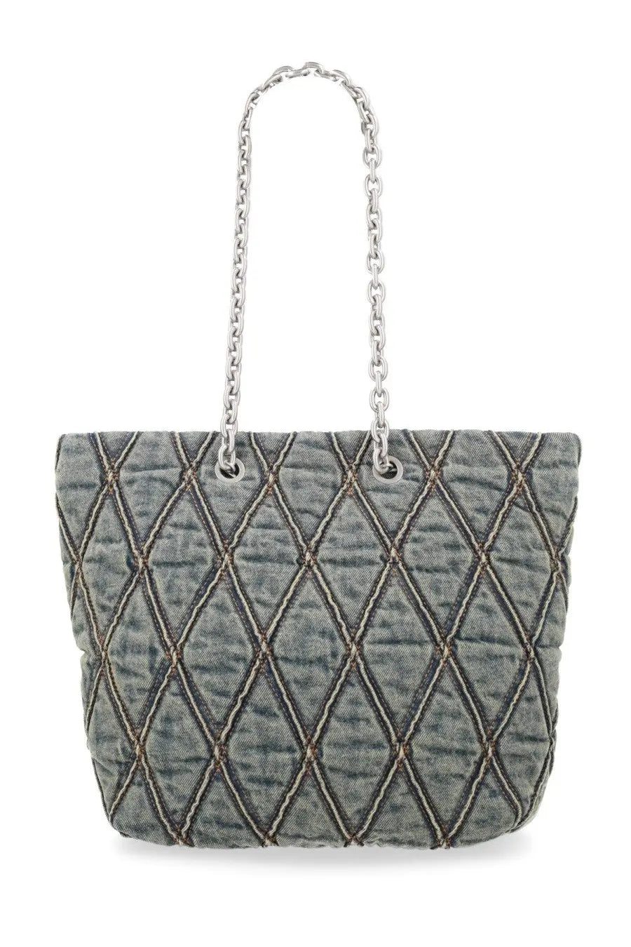 Gray quilted denim diesel women’s borsa shopper charm tote bag with silver chain strap medium blue color