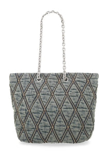 Gray quilted denim diesel women’s borsa shopper charm tote bag with silver chain strap medium blue color