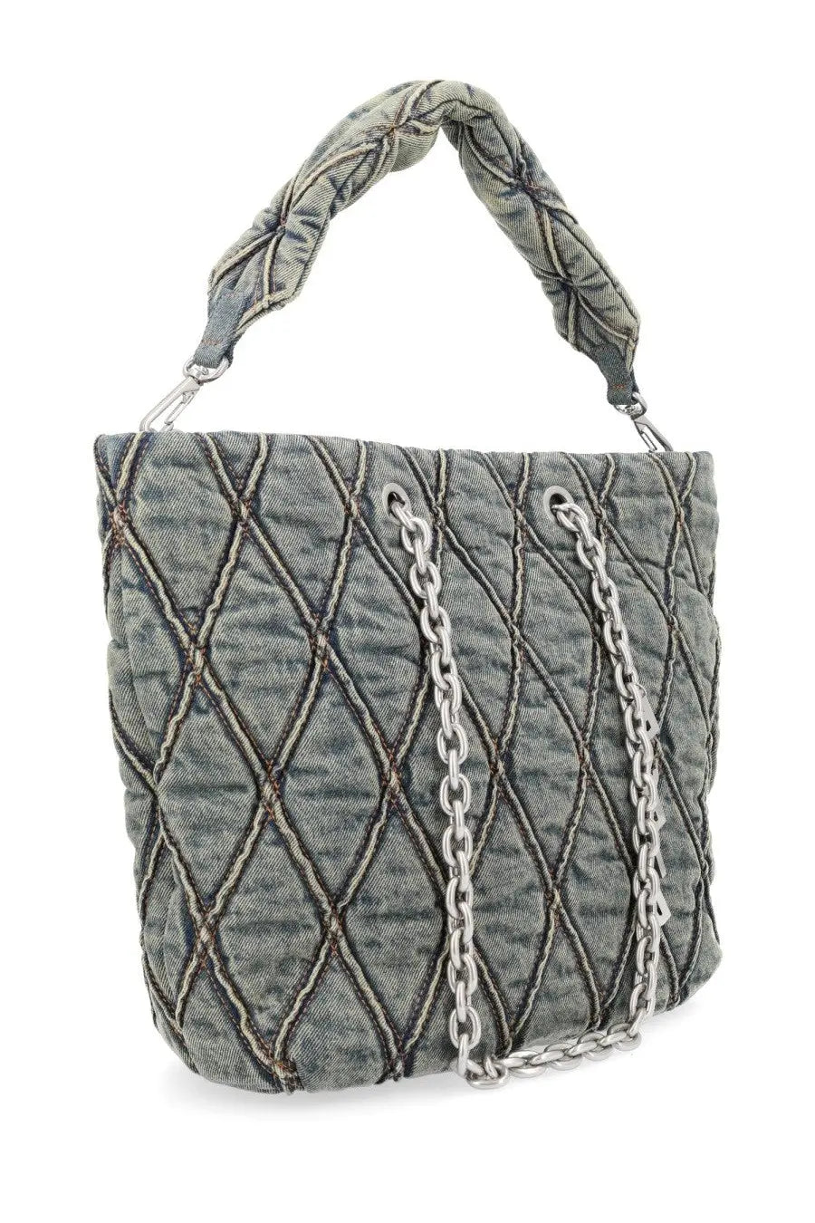 Diesel women’s borsa shopper charm medium blue gray quilted denim handbag with silver chain strap and twisted fabric handle