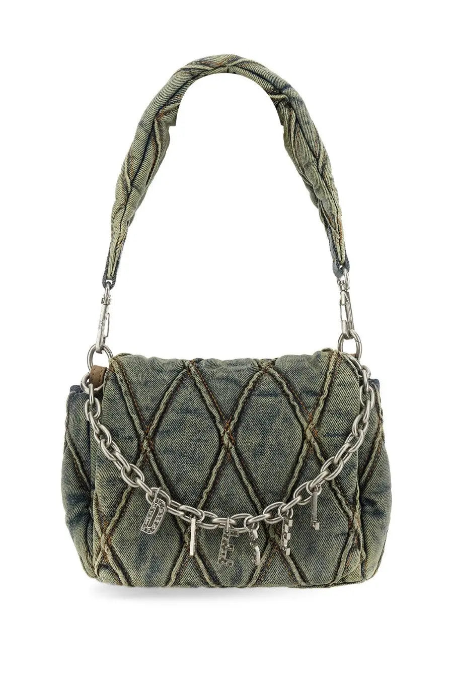 Diesel women’s borsa spalla charm small blue denim handbag with quilted diamond pattern braided handles and silver chain strap
