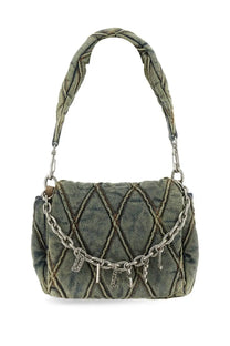 Diesel women’s borsa spalla charm small blue denim handbag with quilted diamond pattern braided handles and silver chain strap