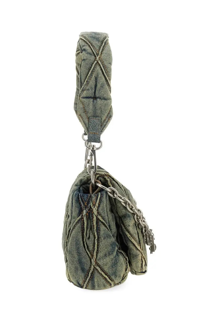 Diesel women’s borsa spalla charm small olive green quilted denim shoulder bag with silver chain strap and key charm