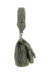 Diesel women’s borsa spalla charm small olive green quilted denim shoulder bag with silver chain strap and key charm