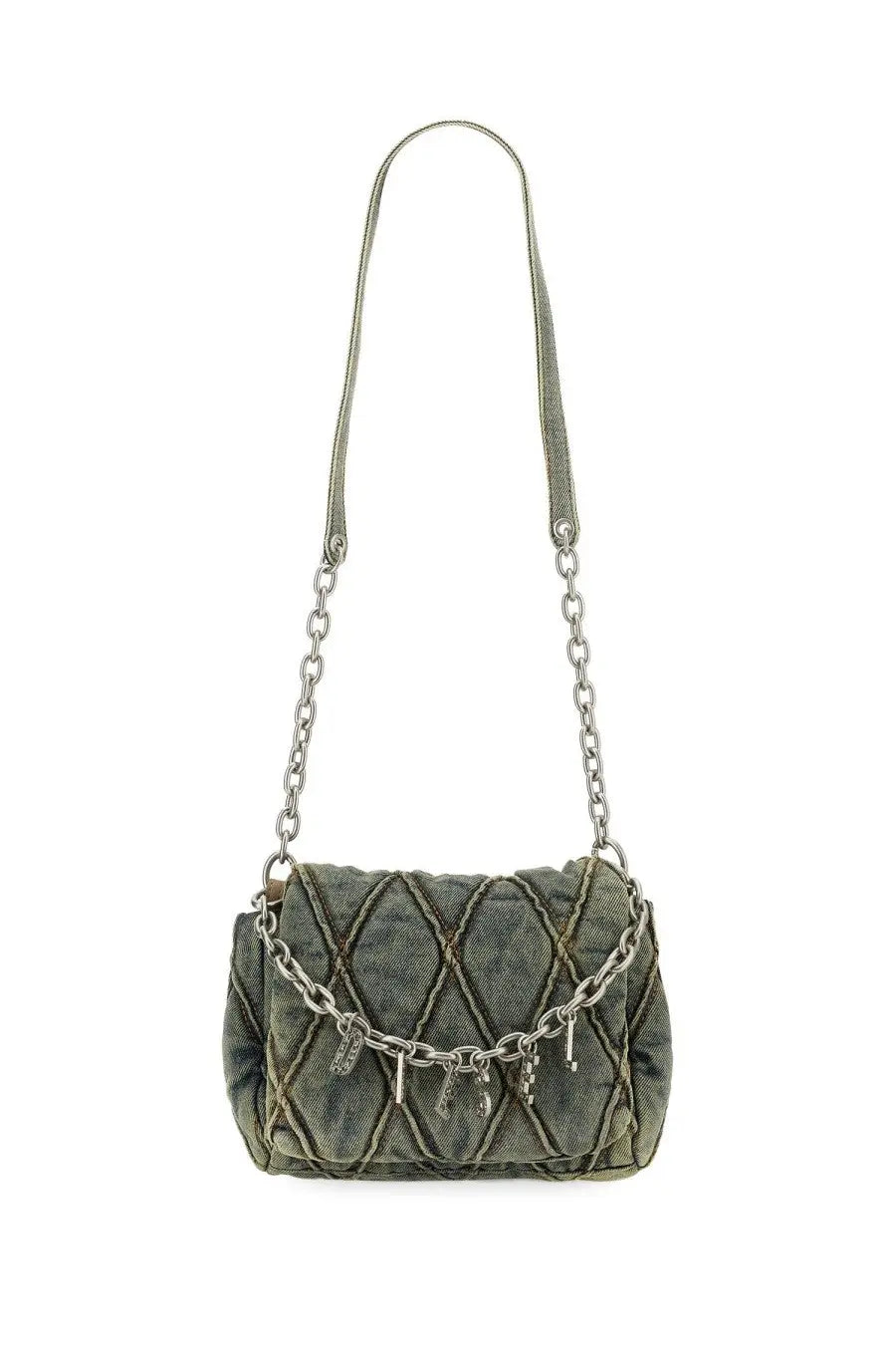 Diesel women’s olive green quilted denim crossbody bag with silver chain strap and key-shaped charms small size