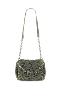 Diesel women’s olive green quilted denim crossbody bag with silver chain strap and key-shaped charms small size