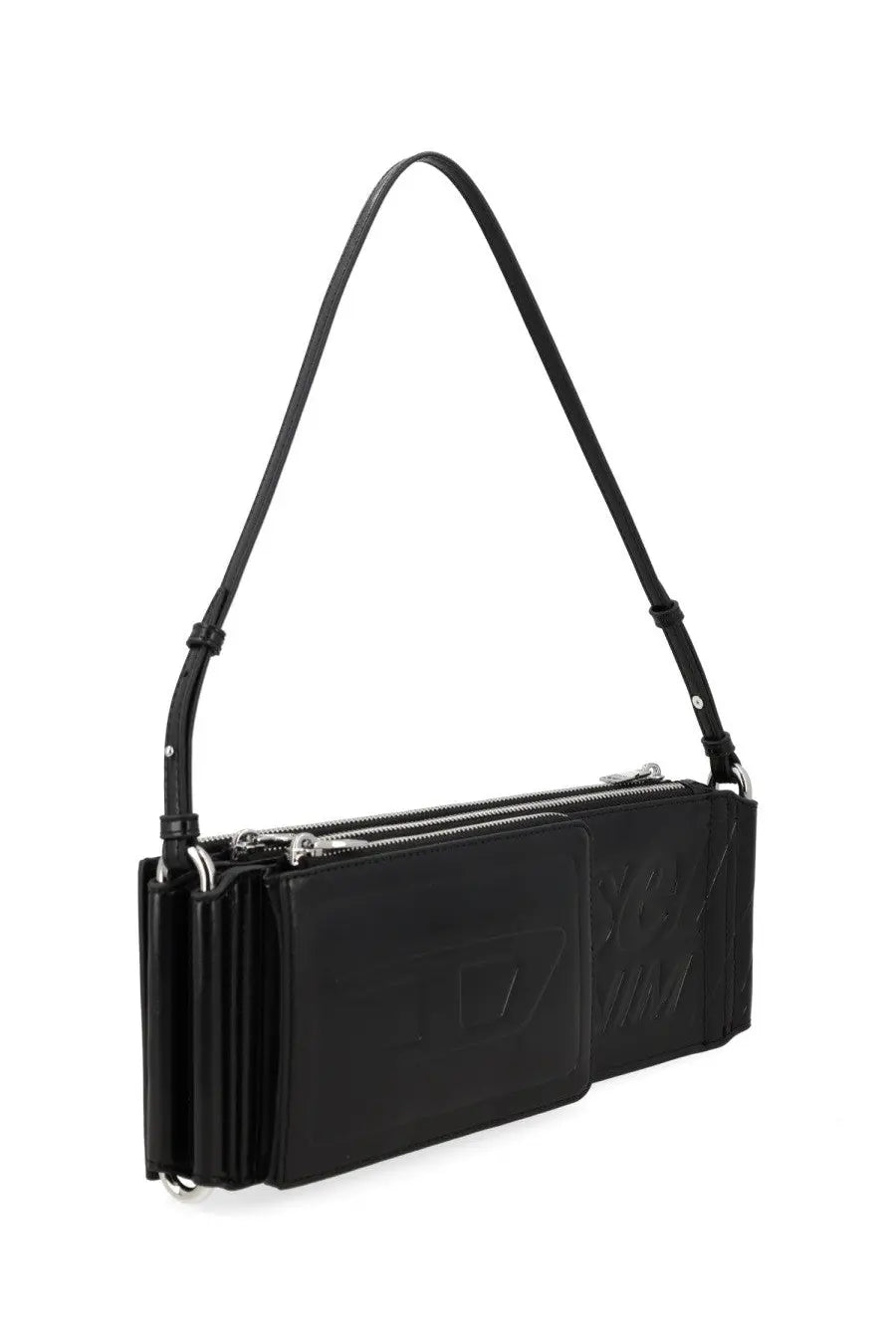 Diesel women’s borsa spalla flag black black leather crossbody bag with embossed logo and silver zippers
