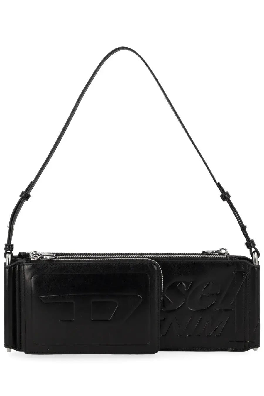 Diesel womens borsa spalla flag black rectangular crossbody bag with embossed logo and dual zippers in leather