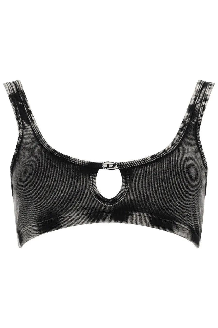 Diesel womens bra florence dnm grey black ribbed crop top with central keyhole cutout and metallic logo accent