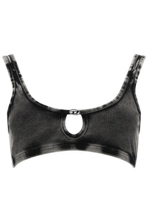 Diesel womens bra florence dnm grey black ribbed crop top with central keyhole cutout and metallic logo accent