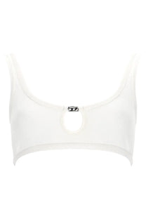 Diesel women’s white cropped bralette with central circular cutout and black logo emblem at the top of the opening