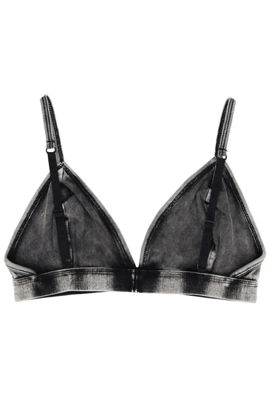 Diesel women’s black denim triangle bra with adjustable straps and distressed faded finish