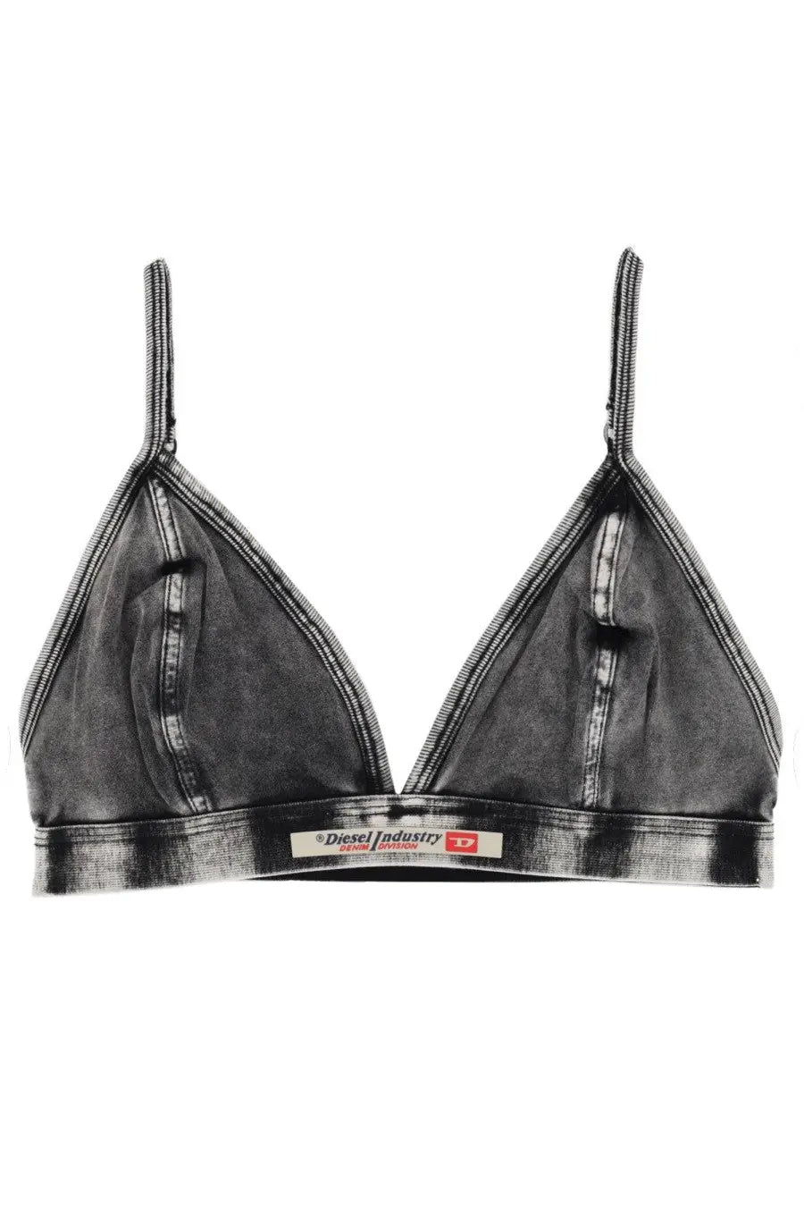 Diesel women’s black denim triangle bra with ribbed straps and branded waistband in grey from the Scilla Dnm line