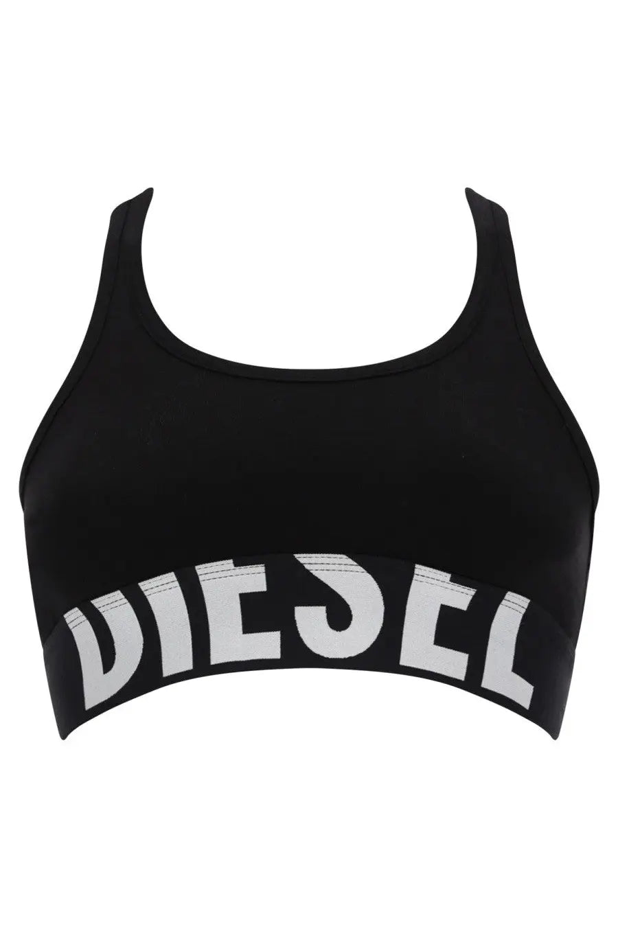 Black diesel women’s cotton sports bra with bold white lettering across the front for race comfort