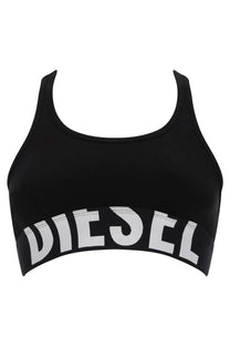 Black diesel women’s cotton sports bra with bold white lettering across the front for race comfort