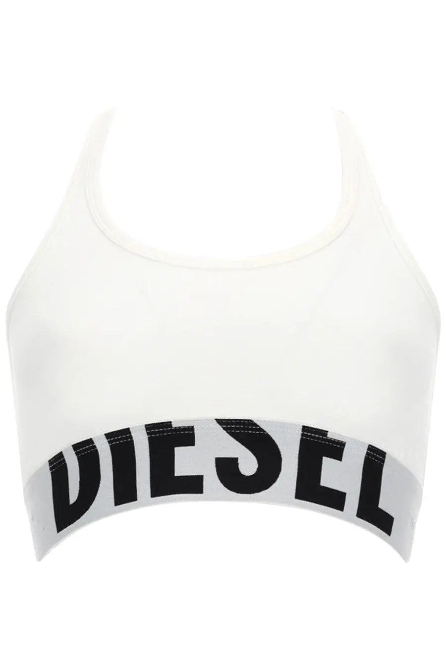 Diesel women’s white cotton sports bra with bold black diesel lettering across the front for active wear