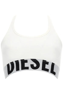 Diesel women’s white cotton sports bra with bold black diesel lettering across the front for active wear