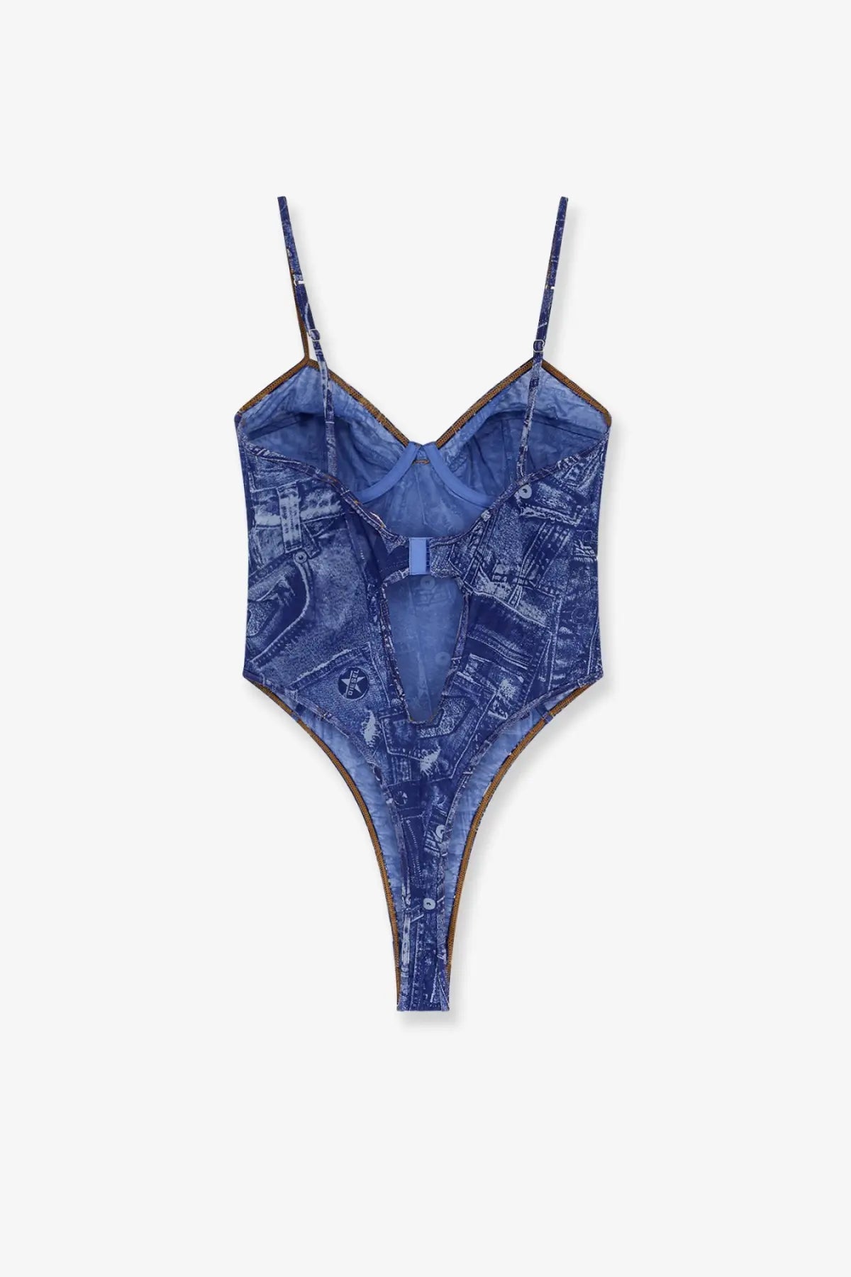Diesel women’s Bridget nylon bodysuit grey with blue denim pattern thin straps and sheer semi transparent overlay
