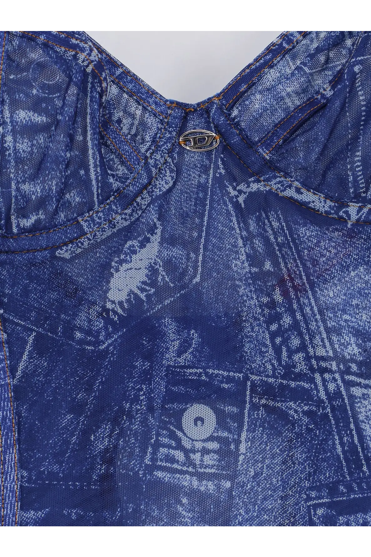 Diesel women’s grey blue denim-patterned sheer nylon bodysuit with metallic logo button at neckline