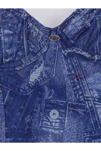 Diesel women’s grey blue denim-patterned sheer nylon bodysuit with metallic logo button at neckline