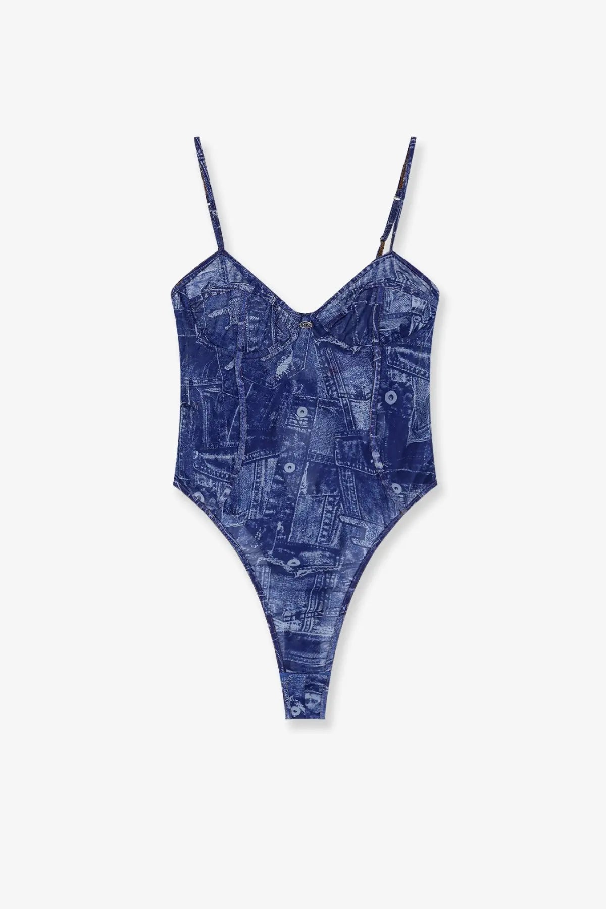 Diesel women’s Bridget nylon bodysuit grey with thin straps and navy blue denim patchwork print one-piece swimsuit