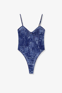 Diesel women’s Bridget nylon bodysuit grey with thin straps and navy blue denim patchwork print one-piece swimsuit