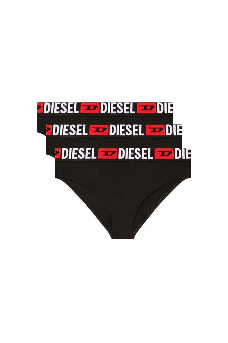 Diesel women’s briefs sam core black featuring black fabric with a bold red and white logo waistband band