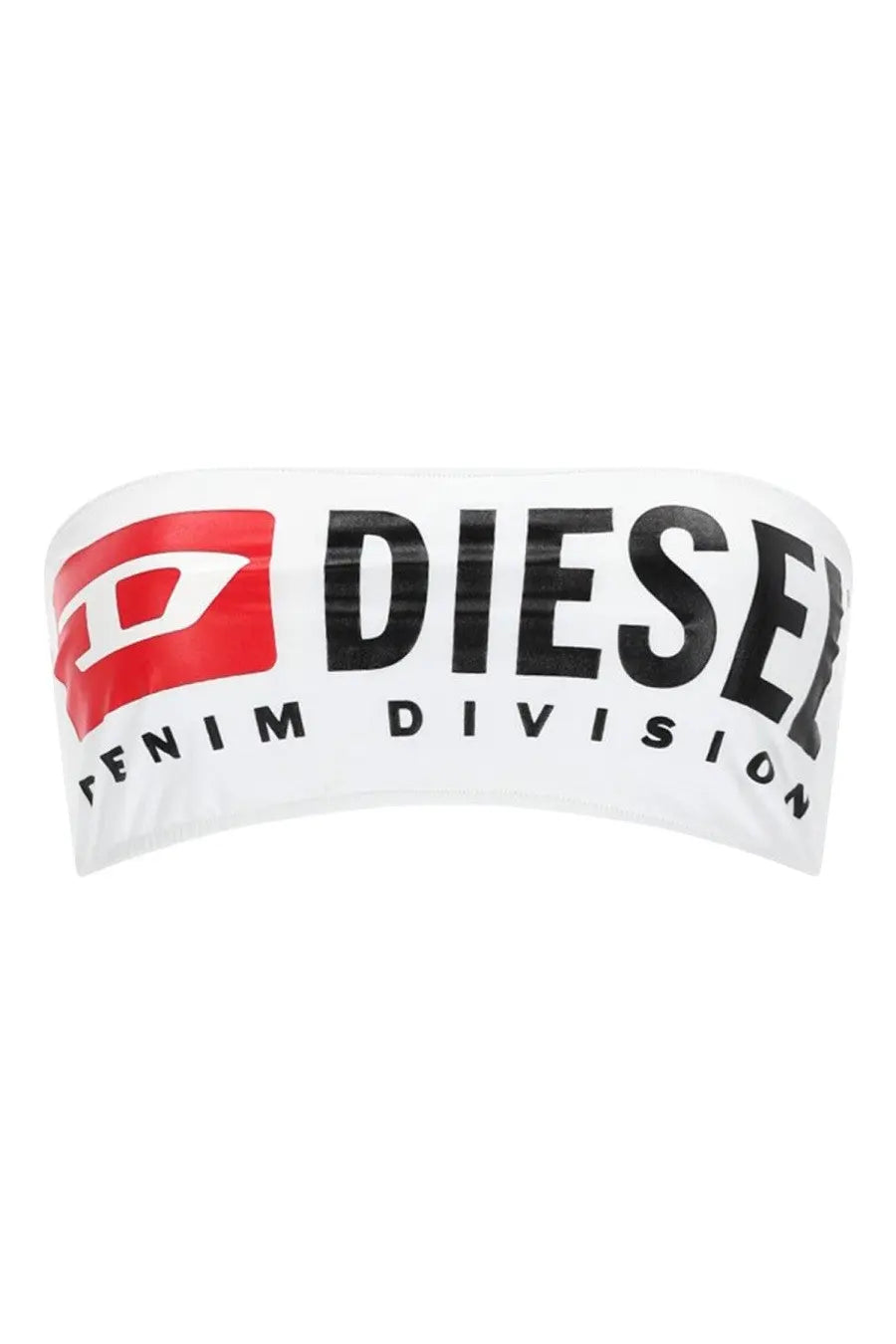 Diesel women’s bryna bikini top in white with bold black lettering and a red logo on the left side