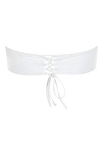 White satin belt with lace up front and matching ties for diesel women’s bryna bikini top in white