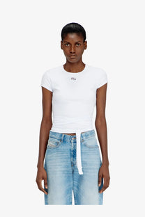 Diesel women’s white cotton short-sleeved crop top with subtle logo at neckline and tied waistband