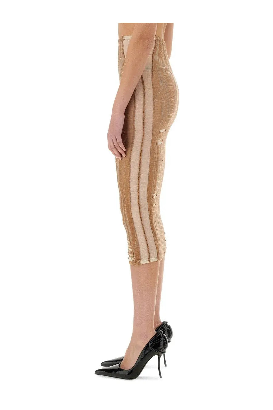 Diesel women’s calina skirt beige high-waisted cropped pencil skirt with vertical striped panels and distressed detailing