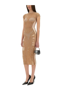 Diesel women’s calina skirt beige midi dress with sheer mesh overlay and vertical ribbed detailing in beige