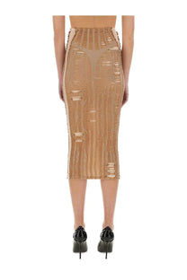Diesel women’s Calina beige midi skirt with semi sheer ribbed texture and distressed ripped side details